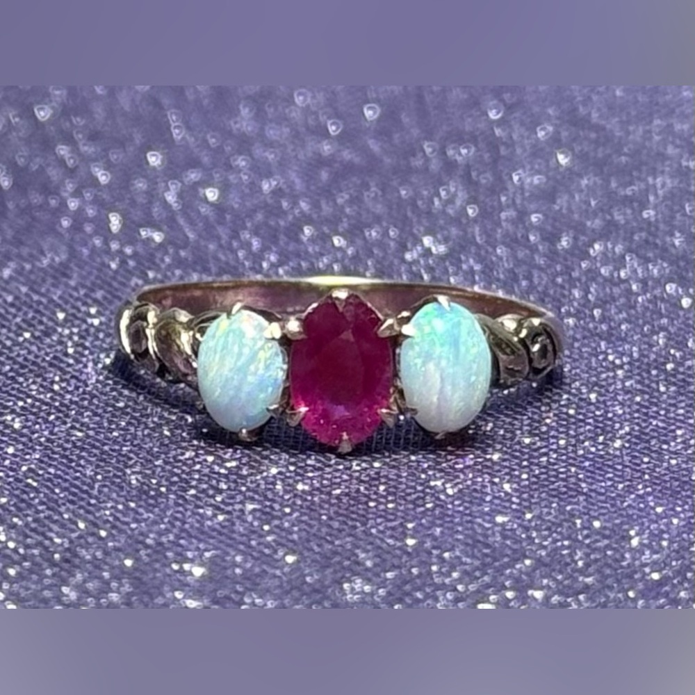 Antique 10k Gold Natural Opal and Ruby Ring